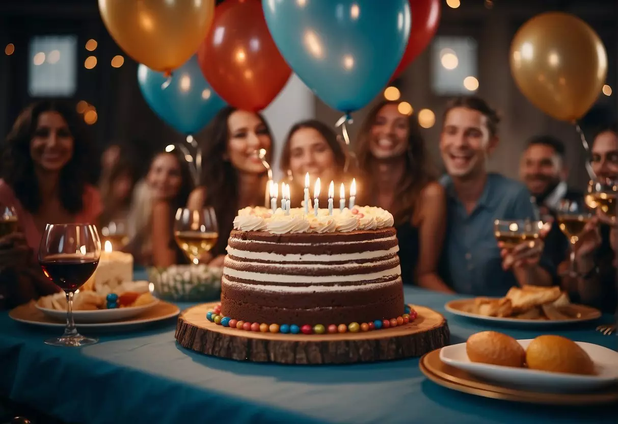 A festive table with a birthday cake, balloons, and presents. Guests mingle and laugh, raising glasses for a toast. Music plays in the background as the celebration continues