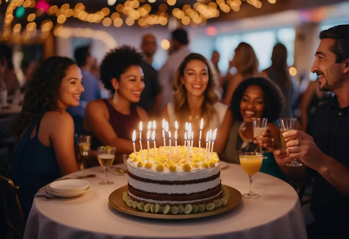 Guests mingling, laughter, and music fill the air at a lively 38th birthday celebration. Colorful decorations adorn the space, and a table is filled with delicious food and drinks. A birthday cake with candles waits to be lit