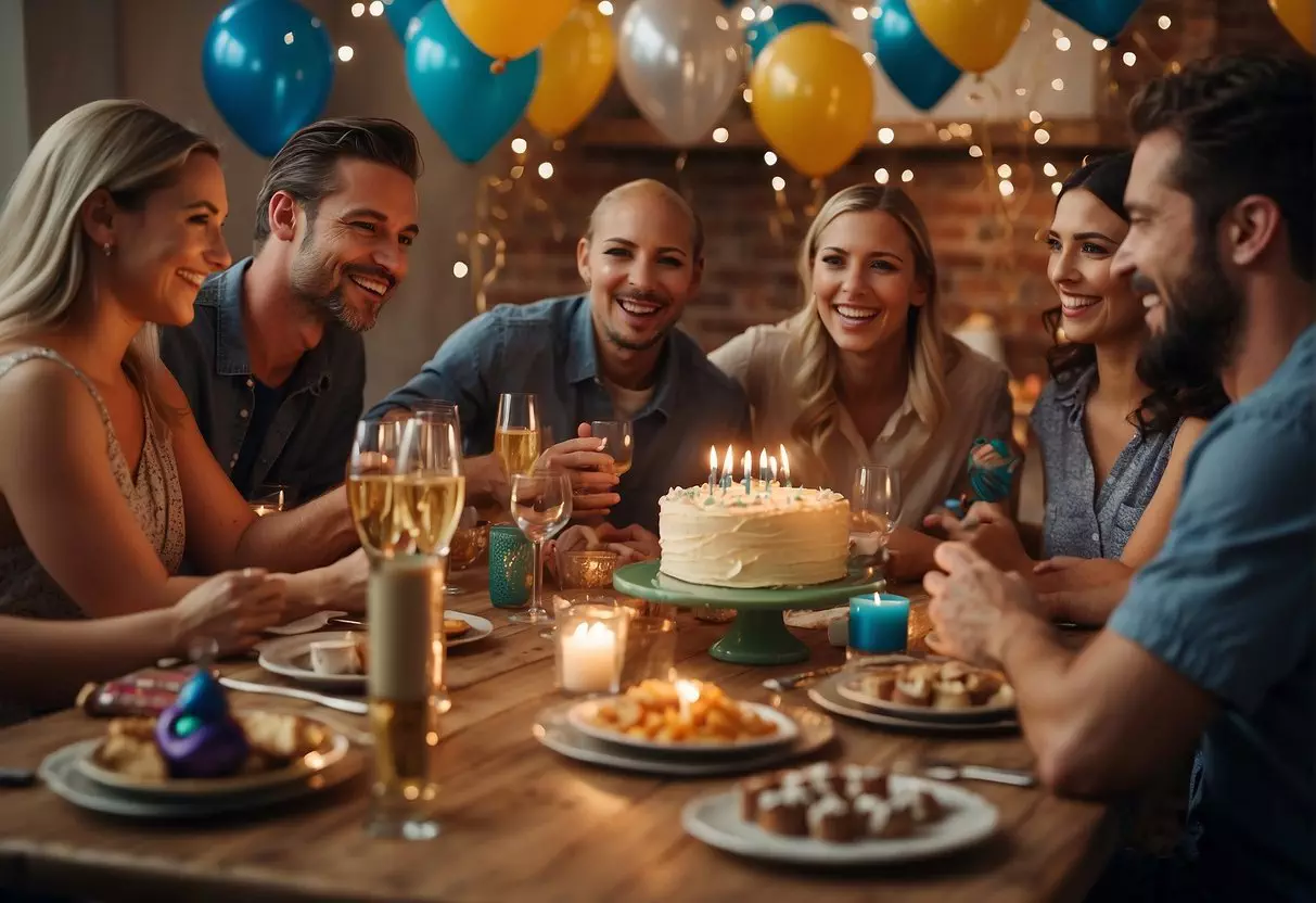 Guests gather around a table filled with decorations and party supplies. A banner reads 