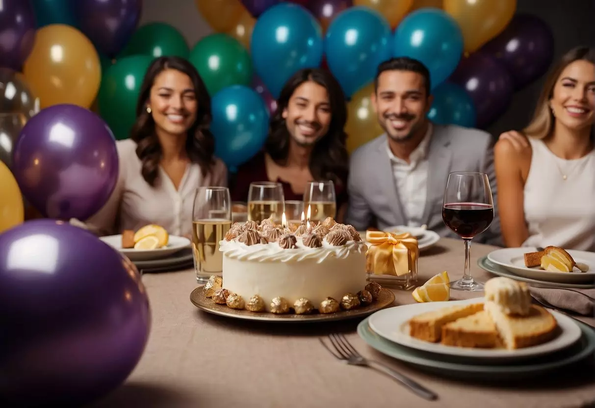 A festive table with balloons, cake, and presents. Friends and family gathered, laughing and raising glasses in celebration