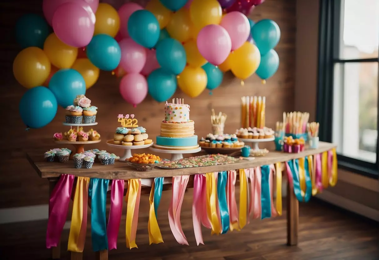 A table covered in colorful decorations and party supplies, with a banner reading 