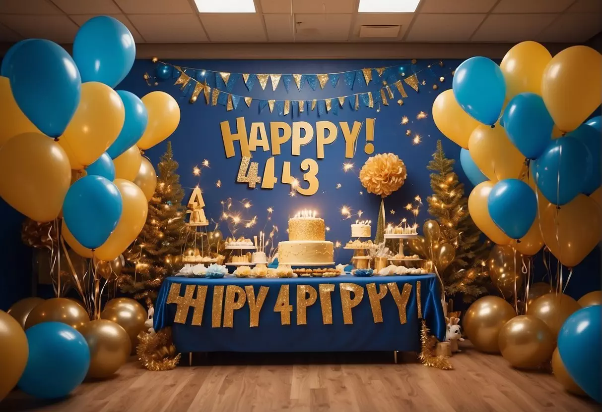 Guests cheer as balloons fill the room, a cake adorned with 43 candles sits on the table. A gift table overflows with presents, and a banner reads 