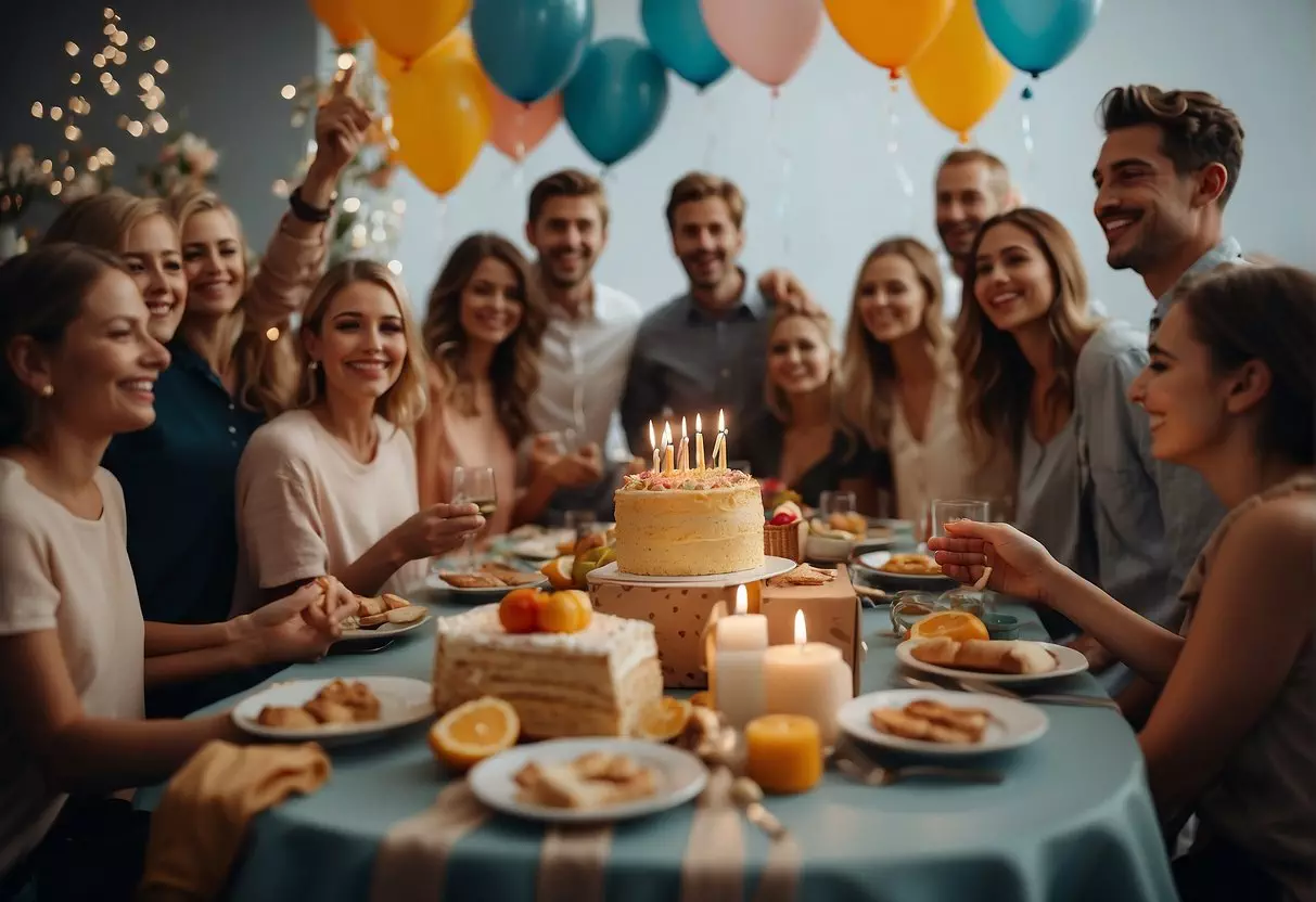 A festive table with balloons, confetti, and a birthday cake surrounded by friends and family. Gifts and cards are scattered around, and everyone is smiling and enjoying the celebration