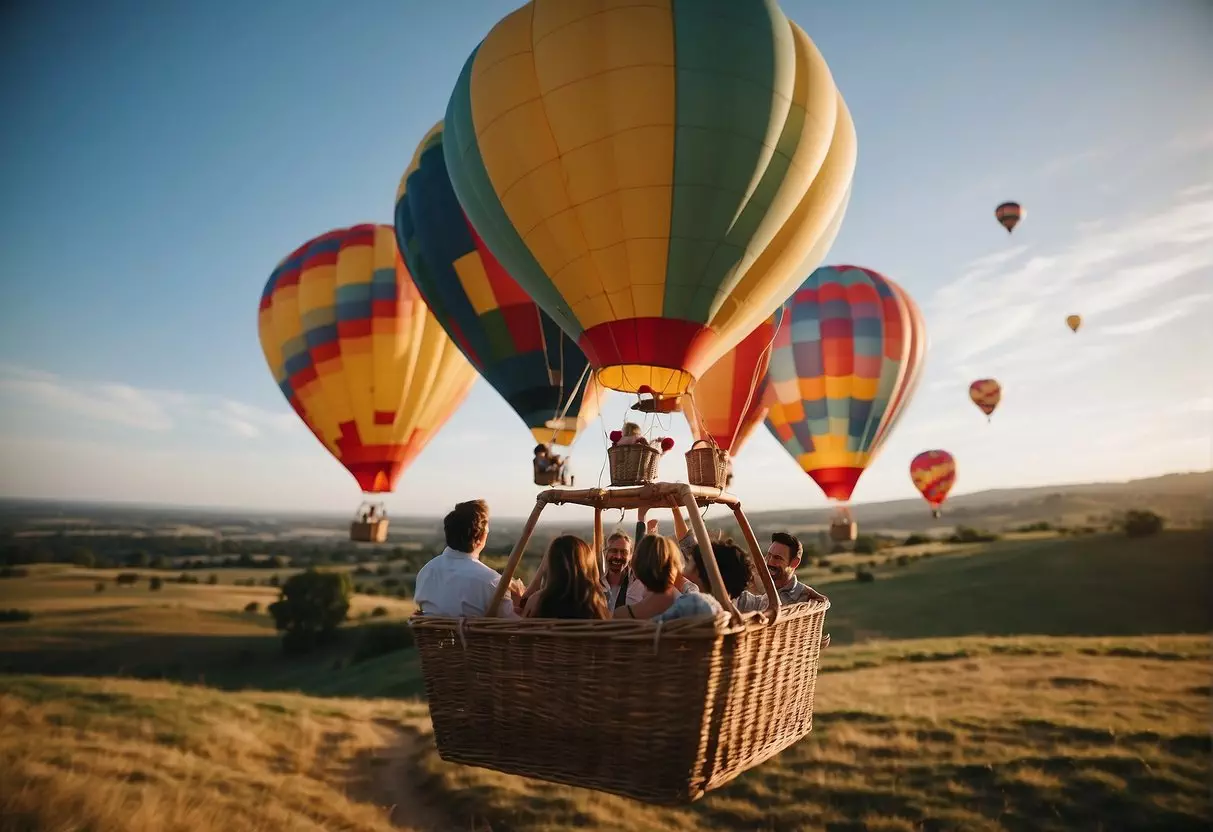 A colorful hot air balloon floats over a scenic landscape, with a group of friends enjoying a birthday celebration inside the basket