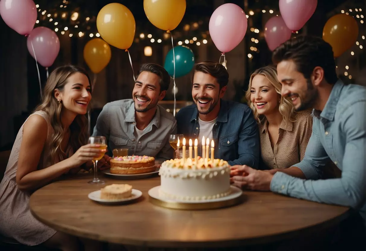 A festive table with a birthday cake, balloons, and presents. A group of friends and family gathered around, laughing and celebrating