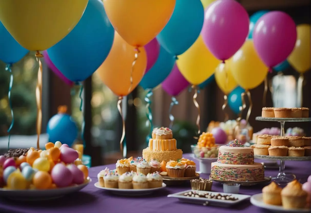 Colorful decorations, balloons, and banners adorn the party venue. A table is filled with party favors and a birthday cake. Guests mingle and enjoy activities like games and music