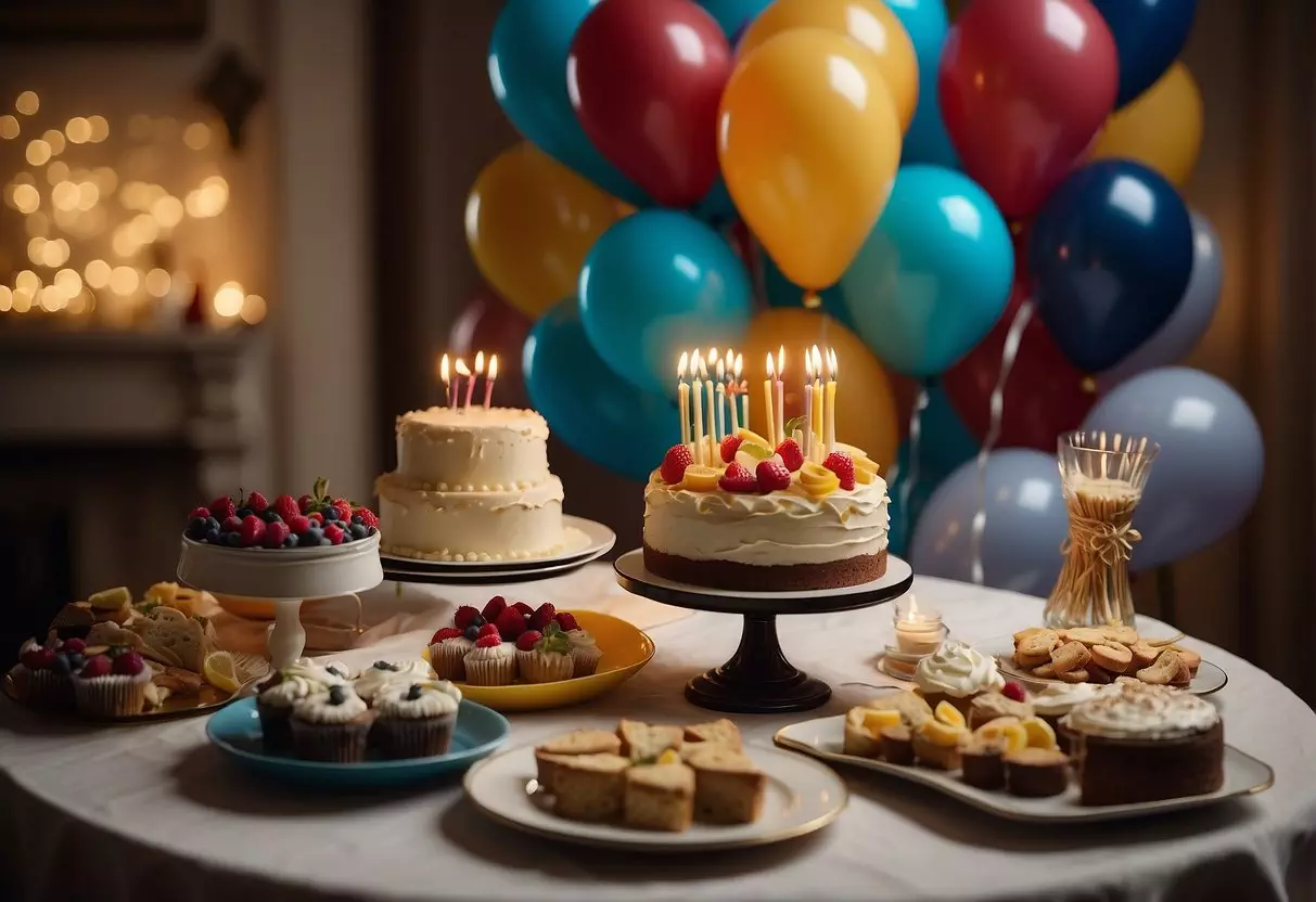 A festive table with balloons, cake, and presents. A banner reads 