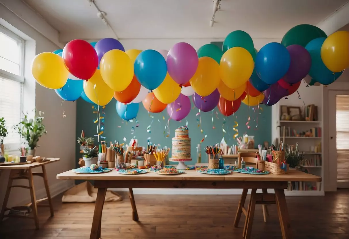 A colorful party banner hangs above a table filled with art supplies and craft materials. Balloons and confetti decorate the room, while a group of friends eagerly participate in a creative activity together