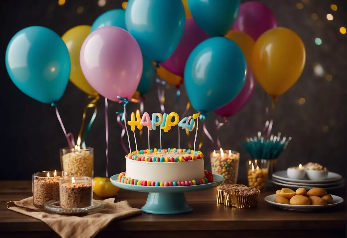 A colorful table with balloons, cake, and gifts. Friends and family laughing and chatting. A banner reading 