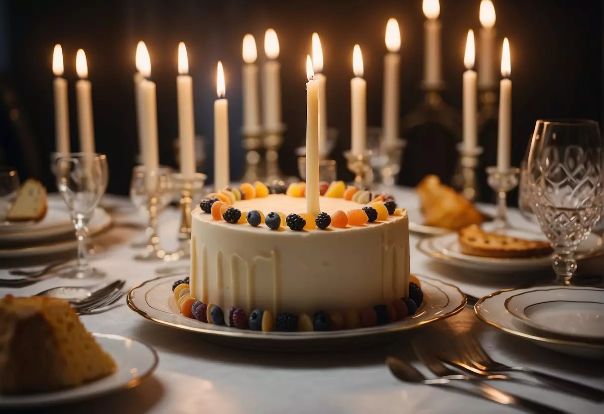 A table set with elegant dinnerware, a cake with 47 candles, and a group of friends gathered around, laughing and toasting to a happy 47th birthday celebration