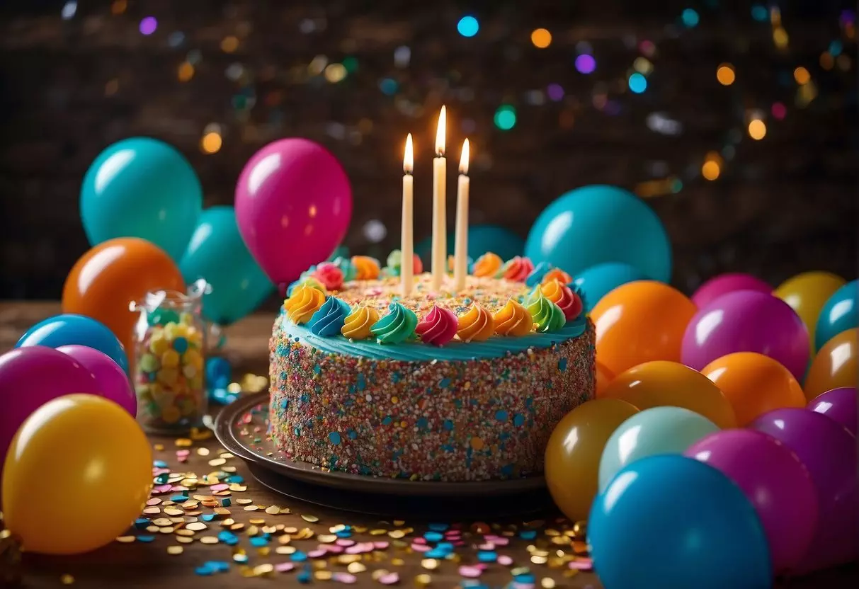 A colorful cake surrounded by balloons and confetti, with a 