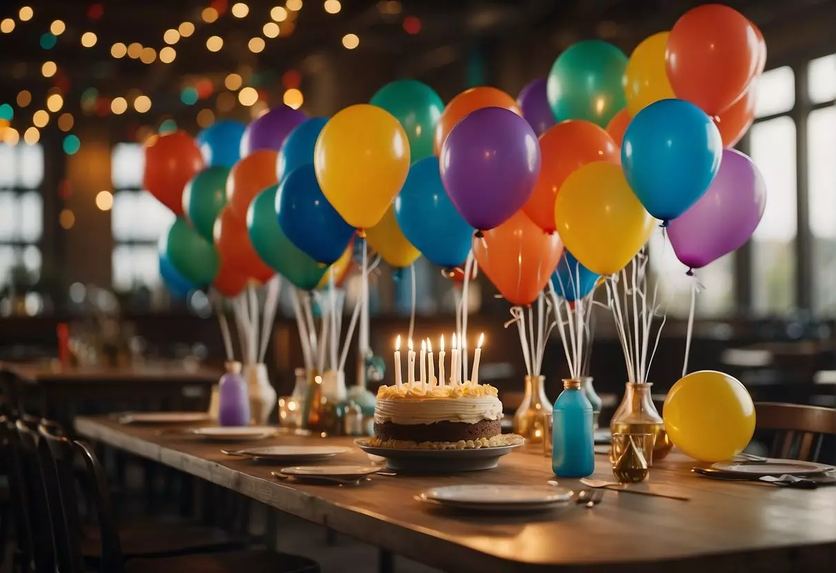 Colorful balloons fill the room, while a banner reads 