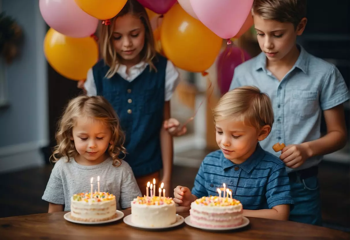 Children playing games, blowing up balloons, and eating cake at a birthday party