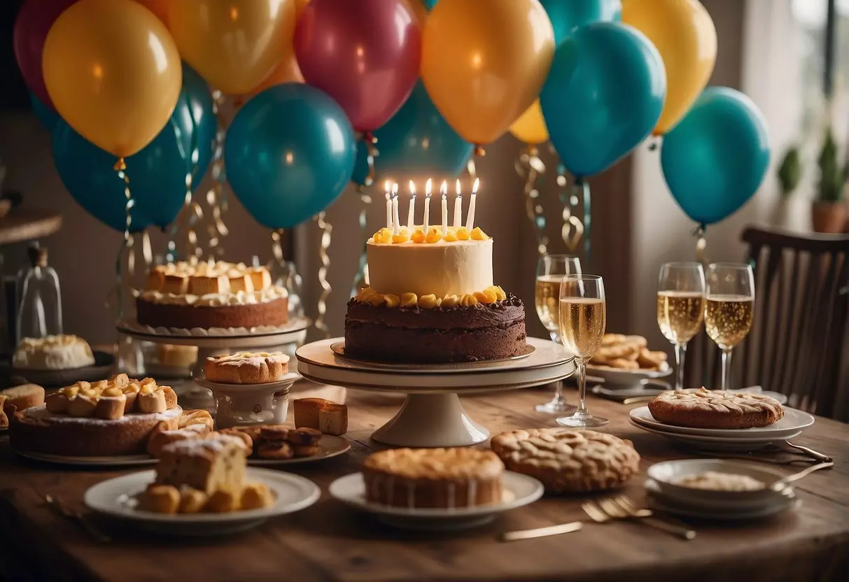 A festive table with balloons, cake, and presents. Guests laughing and toasting. A banner reads 