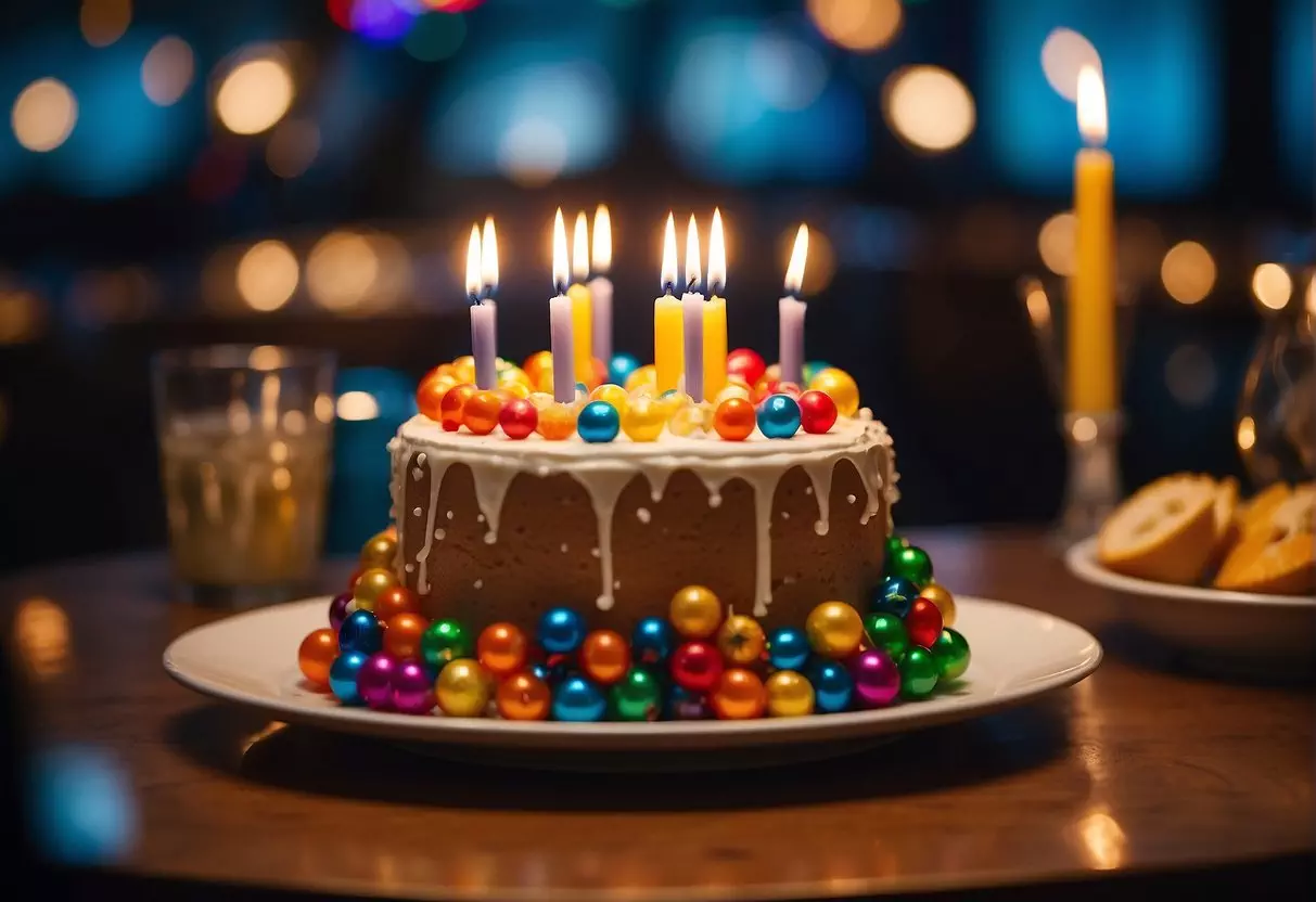 A festive table set with colorful decorations, a cake with 