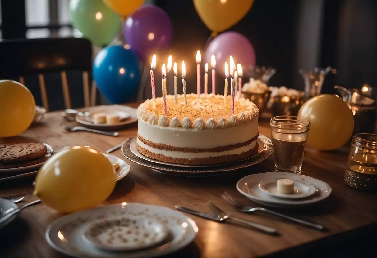 A table set with a birthday cake and candles, surrounded by presents and balloons. A group of friends and family gathered, laughing and celebrating