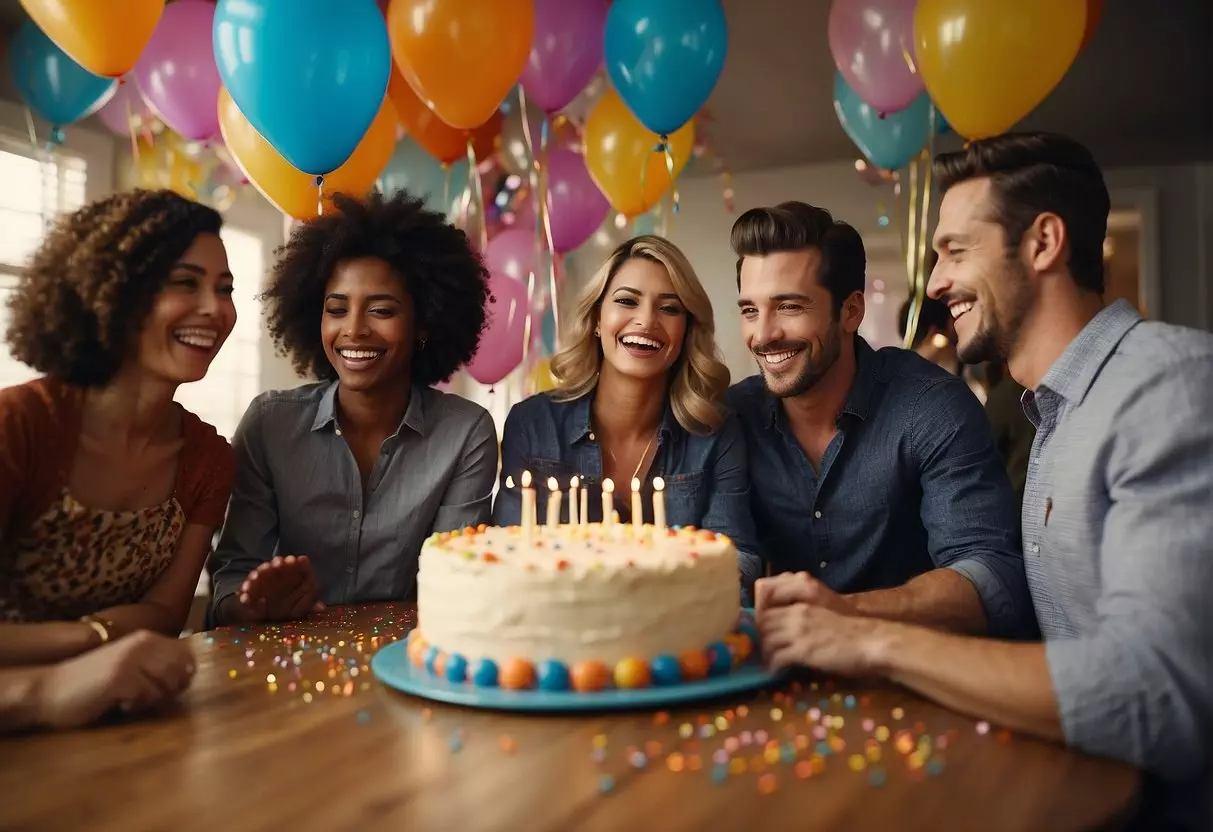 A group of people gather around a table filled with colorful decorations and a large birthday cake. Balloons and streamers adorn the room, and everyone is smiling and laughing as they celebrate the 54th birthday