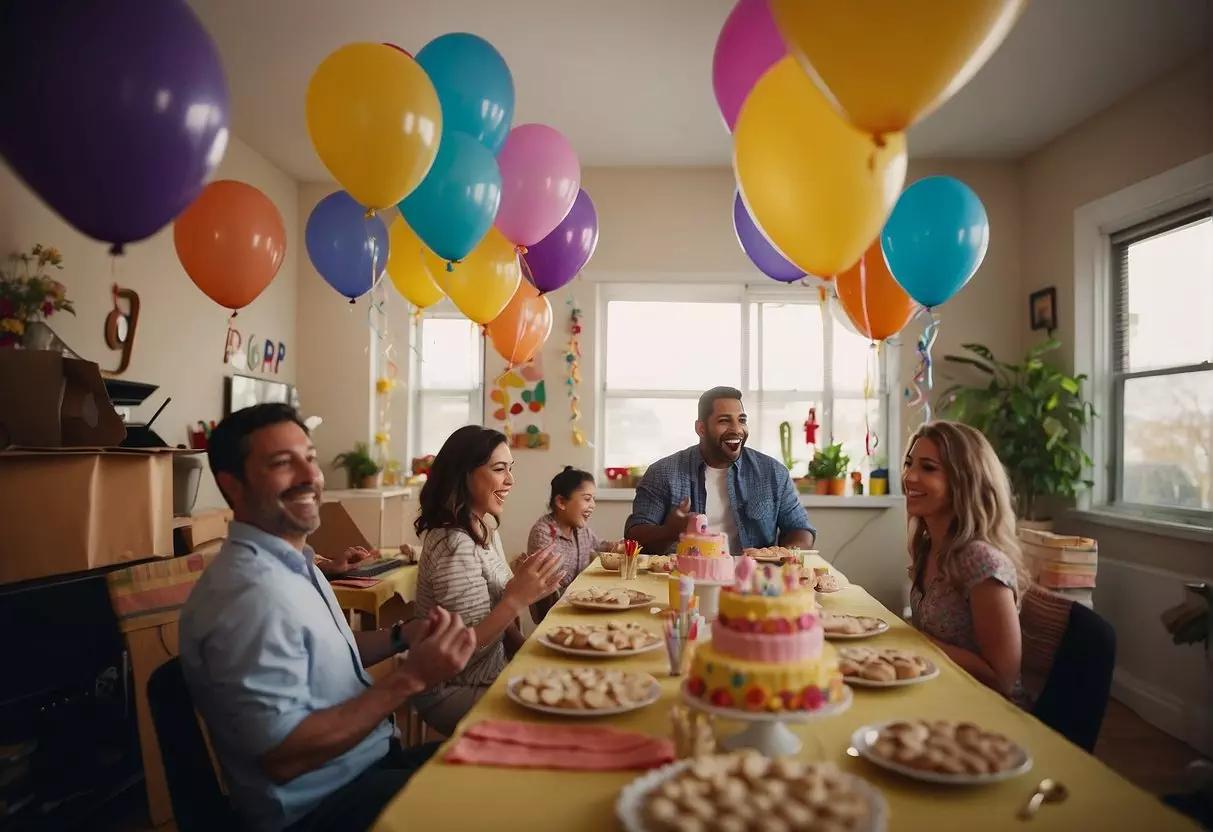 A colorful party banner hangs above a table filled with birthday cake, balloons, and presents. Guests mingle and laugh, while a musician plays in the background