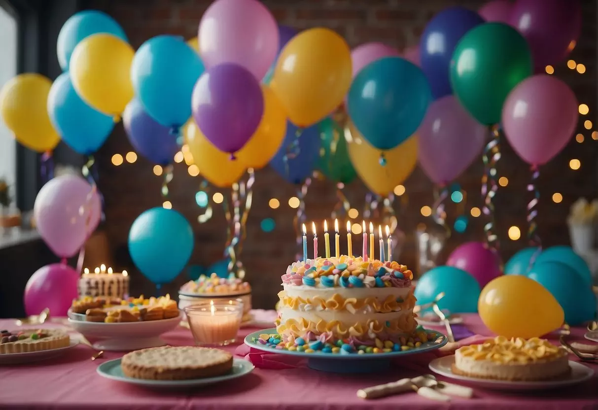 A colorful party banner hangs above a table filled with presents and a birthday cake. Balloons and confetti decorate the room, and a group of friends and family members gather to celebrate