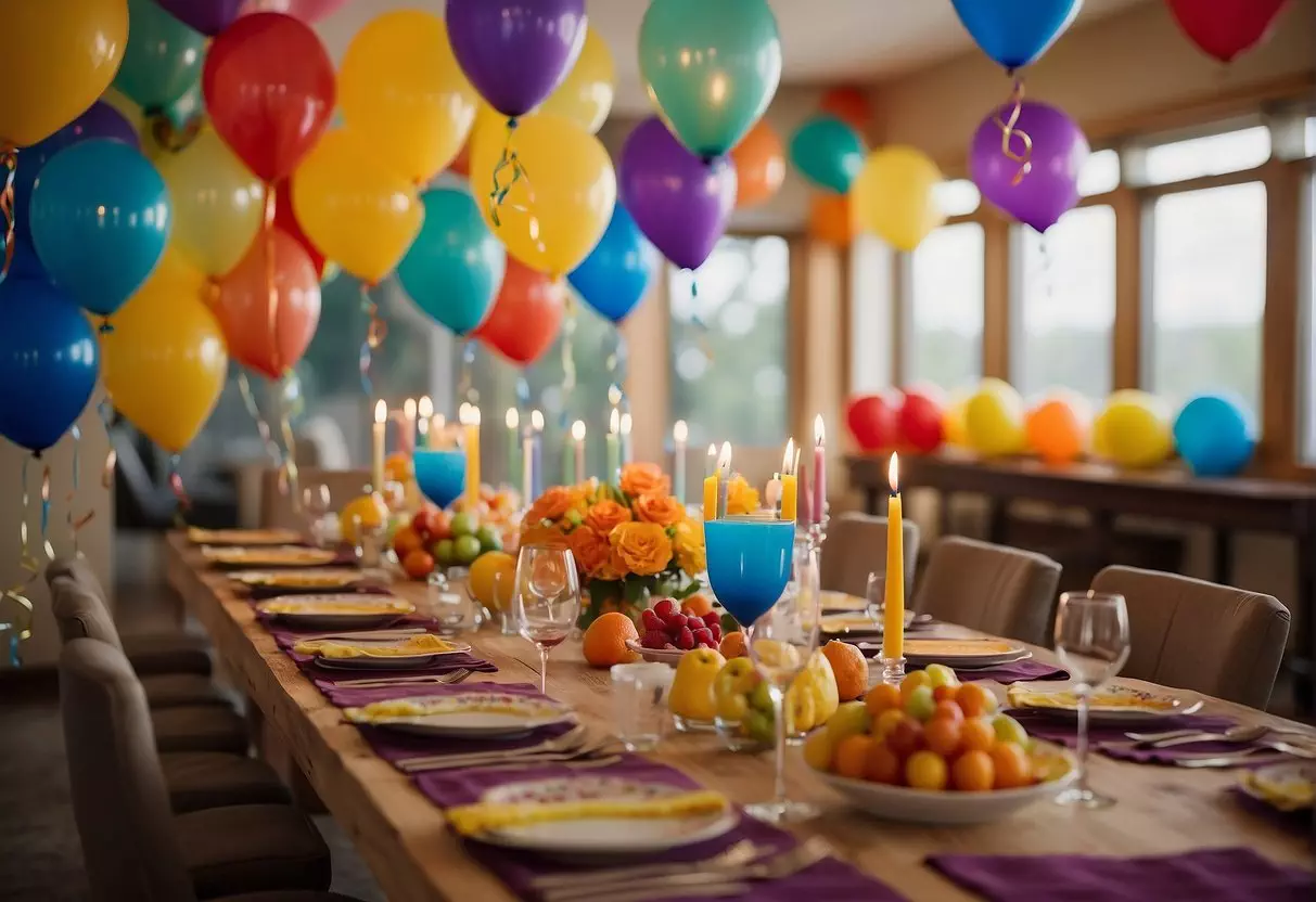 Colorful decorations adorn a spacious room, with a long table set for a festive meal. A banner reading 