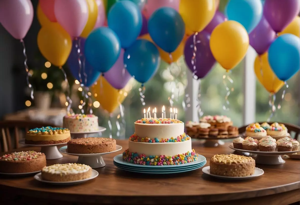 A table set with cake, balloons, and presents. A banner reads 