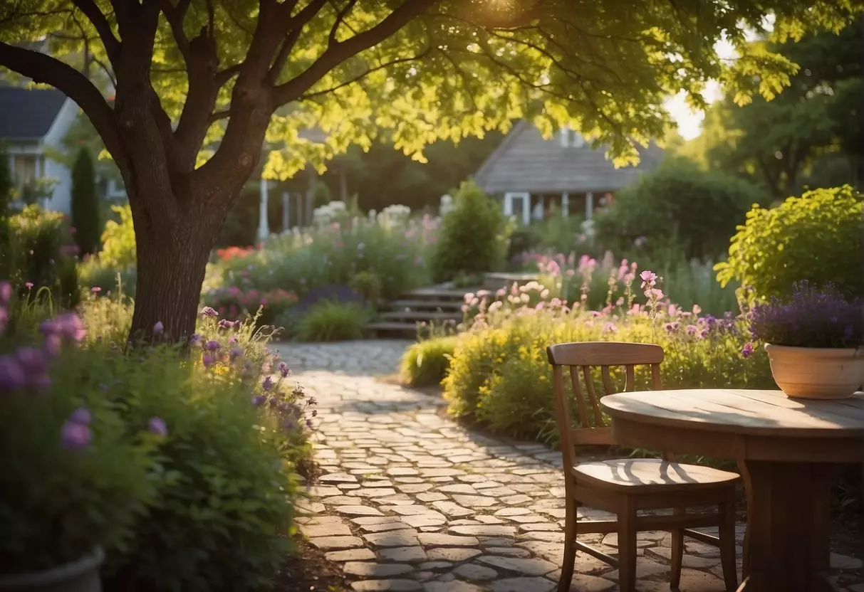 A colorful garden with a winding path leading to a vibrant, blooming tree. A table set with books, art supplies, and a journal. Bright sunlight illuminates the scene