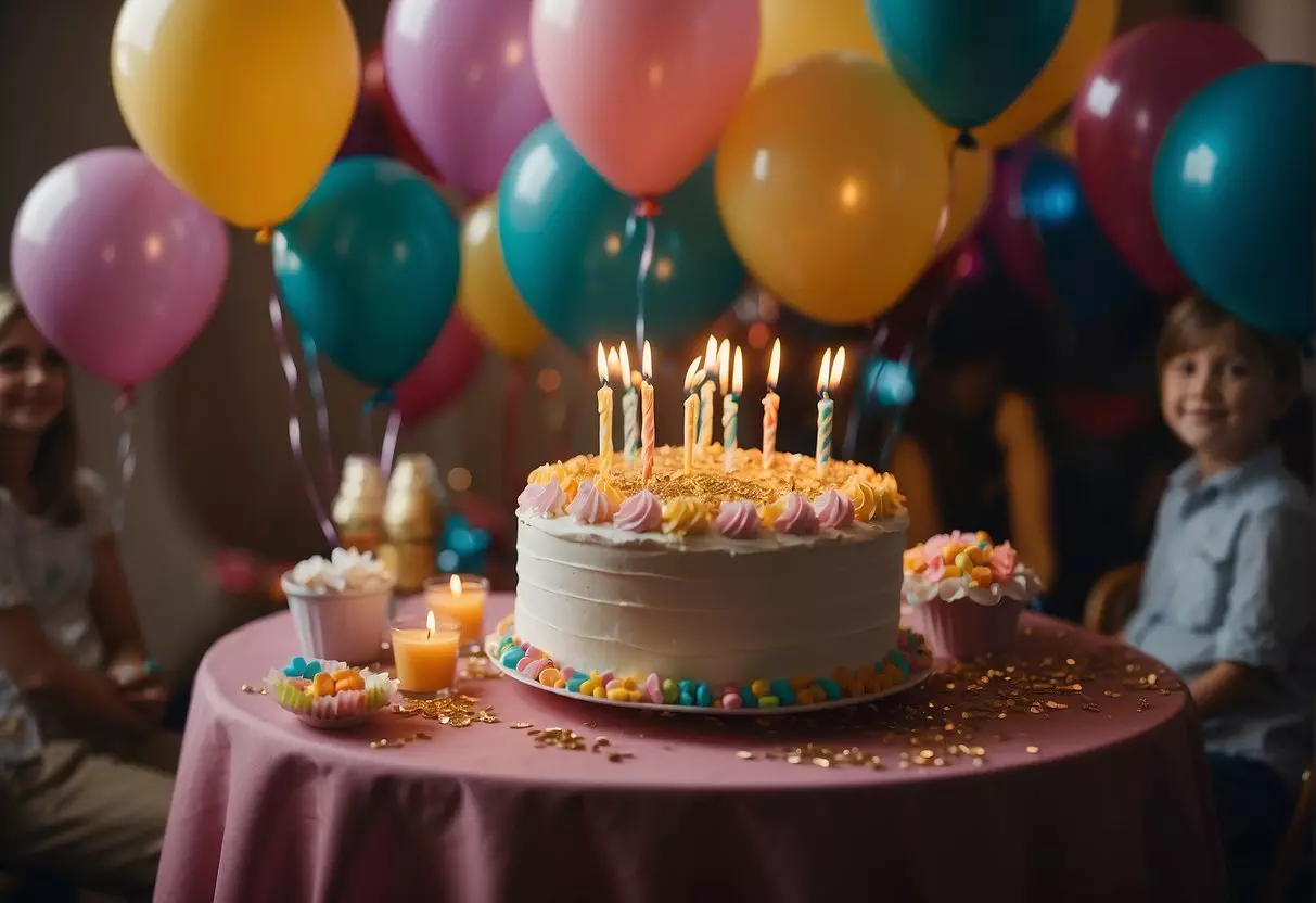 A colorful party banner hangs above a table filled with birthday cake, balloons, and presents. Guests mingle and laugh, while the birthday honoree smiles and blows out the candles