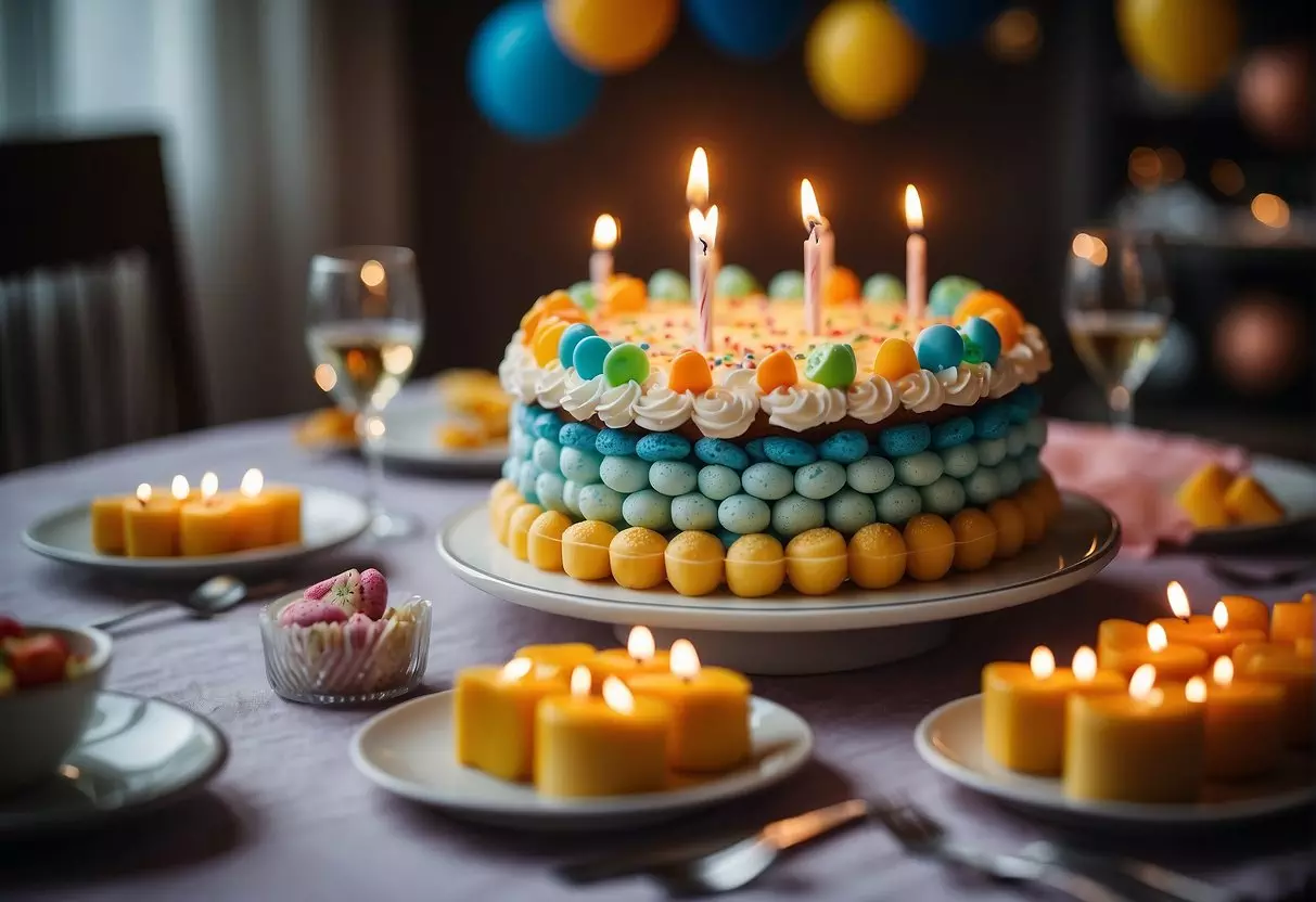 A table set with colorful decorations, a cake with 64 candles, and a schedule of fun activities for a 64th birthday celebration