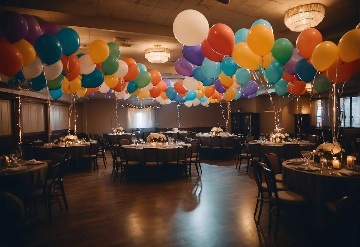 Guests gather around a beautifully decorated party venue, with balloons, streamers, and a large 