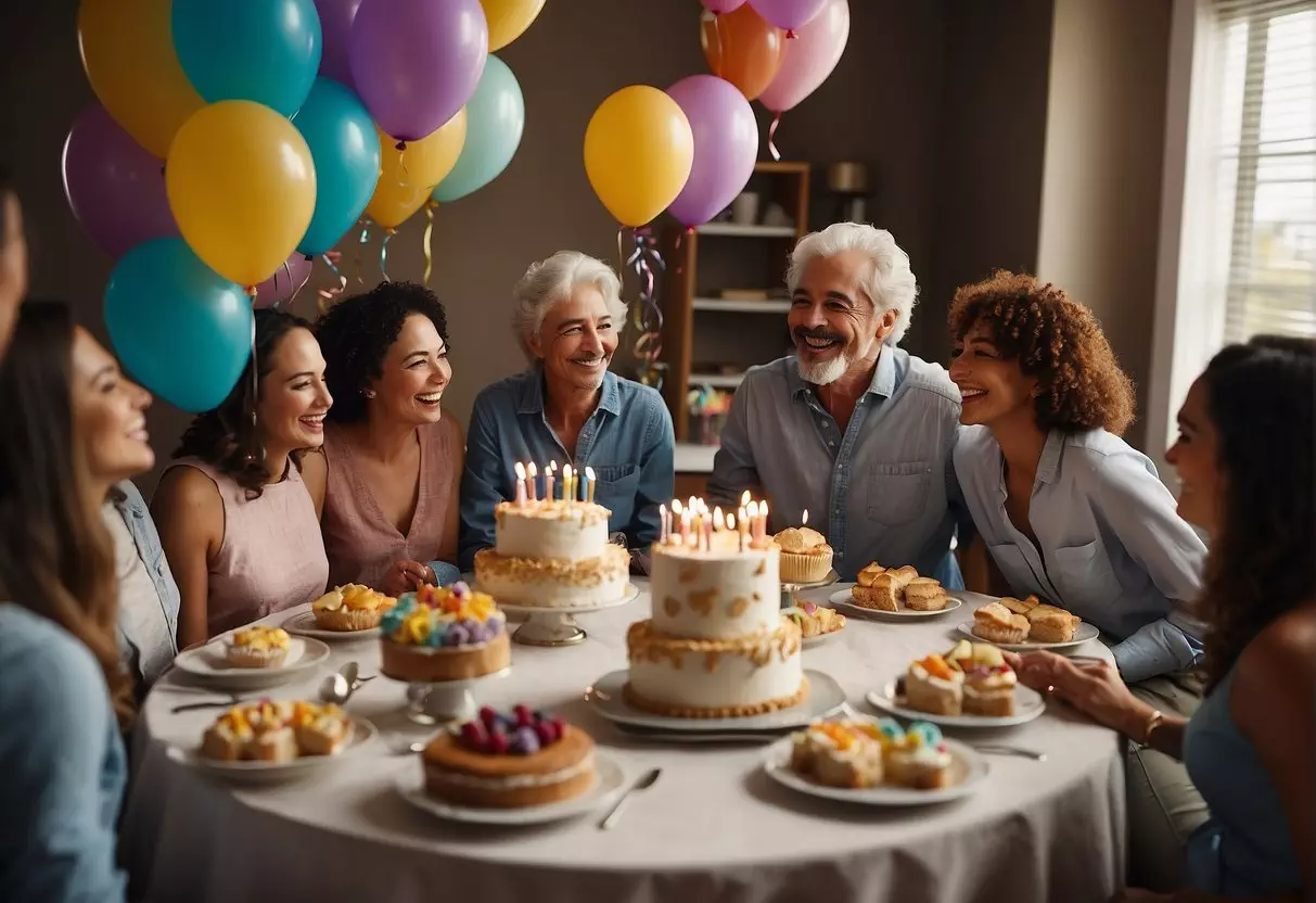 A table set with colorful balloons, cake, and presents. A group of friends and family gathered, laughing and chatting. A banner reads 