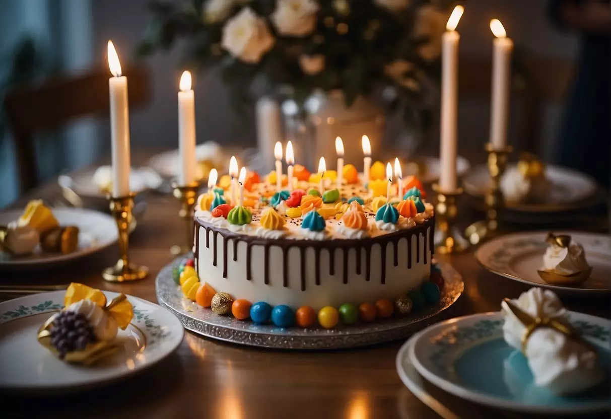 A table adorned with colorful decorations, surrounded by smiling friends and family, with a cake topped by 72 candles