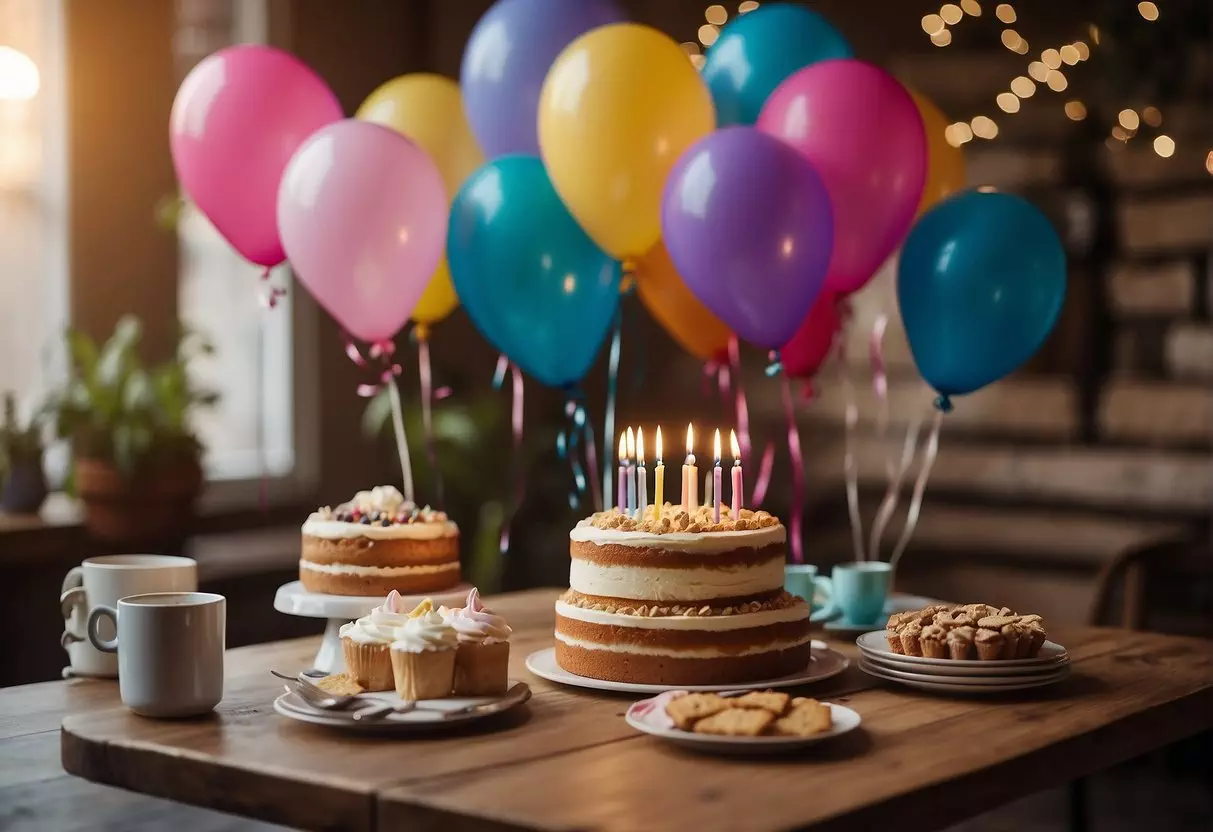 A table set with cake, balloons, and gifts. A group of friends and family gathered, laughing and chatting. A birthday banner hangs in the background