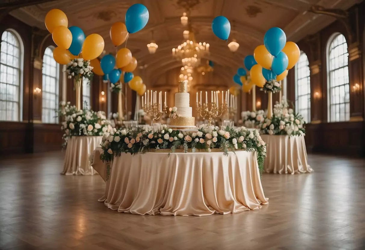 Decorating a grand hall with banners, balloons, and a large 