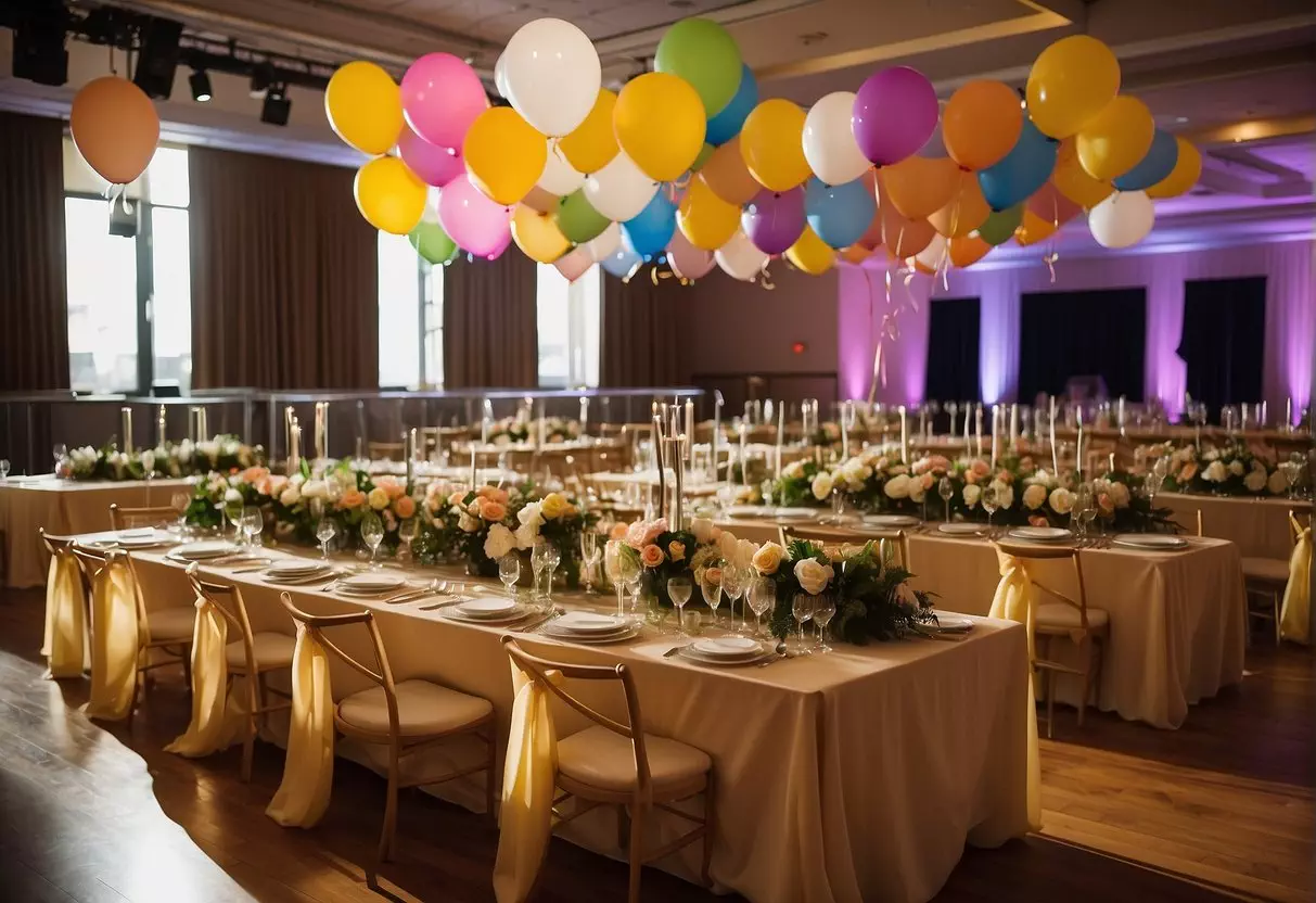 Guests decorate a spacious venue with banners, balloons, and a large 