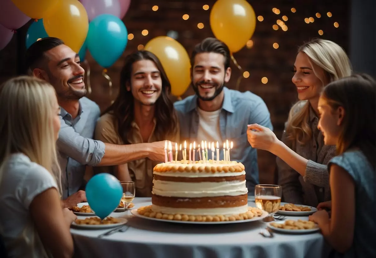 A table adorned with balloons and a cake, surrounded by smiling friends and family, as the birthday celebrant blows out the candles