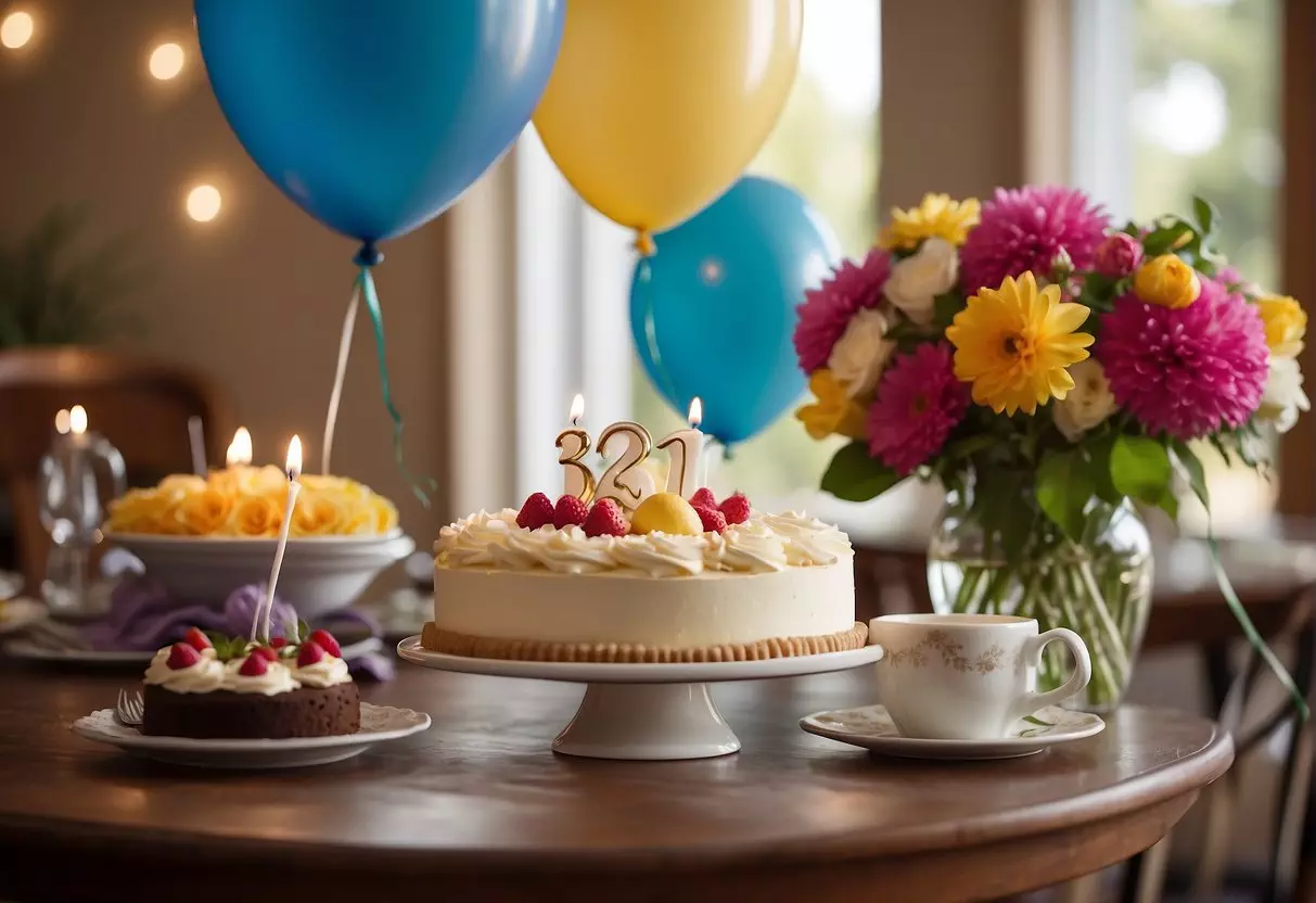 A table set with flowers, balloons, and a cake. A group of friends gather, smiling and chatting. A calendar marks 