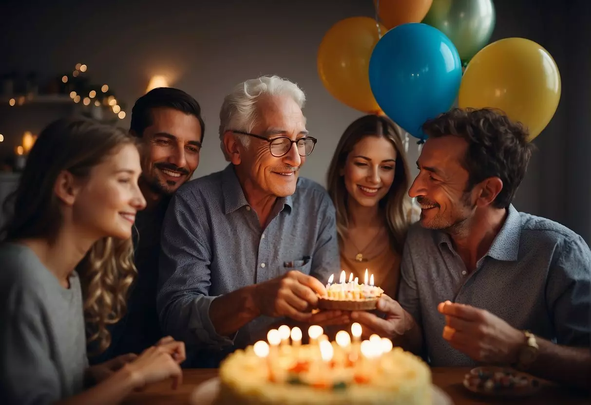 Elderly person blowing out birthday candles surrounded by family and friends. Gifts and balloons decorate the room, creating a festive atmosphere