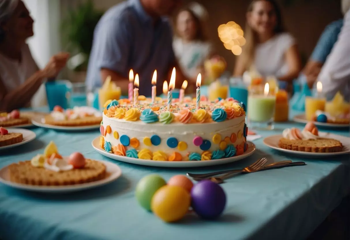 A table covered in colorful decorations and party supplies, with a cake in the center and a group of elderly friends and family members gathered around, planning the activities for a 79th birthday celebration