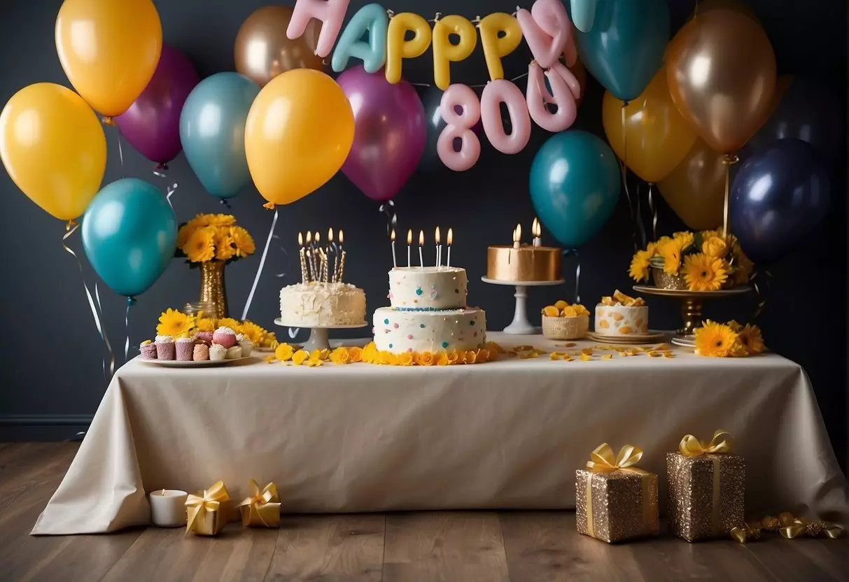 A table set with cake, balloons, and gifts. Family and friends gathered, laughing and sharing memories. A banner reading 