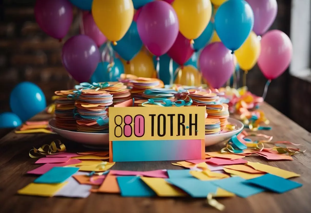 Colorful invitations scattered on a table, surrounded by balloons, streamers, and a banner that reads 