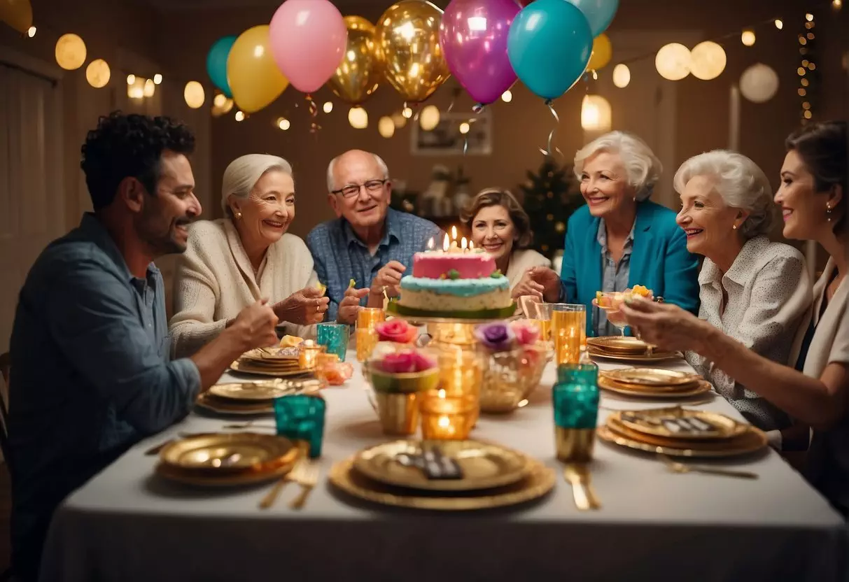 People gather around a table covered in decorations and party supplies, discussing and planning activities for an 82nd birthday celebration