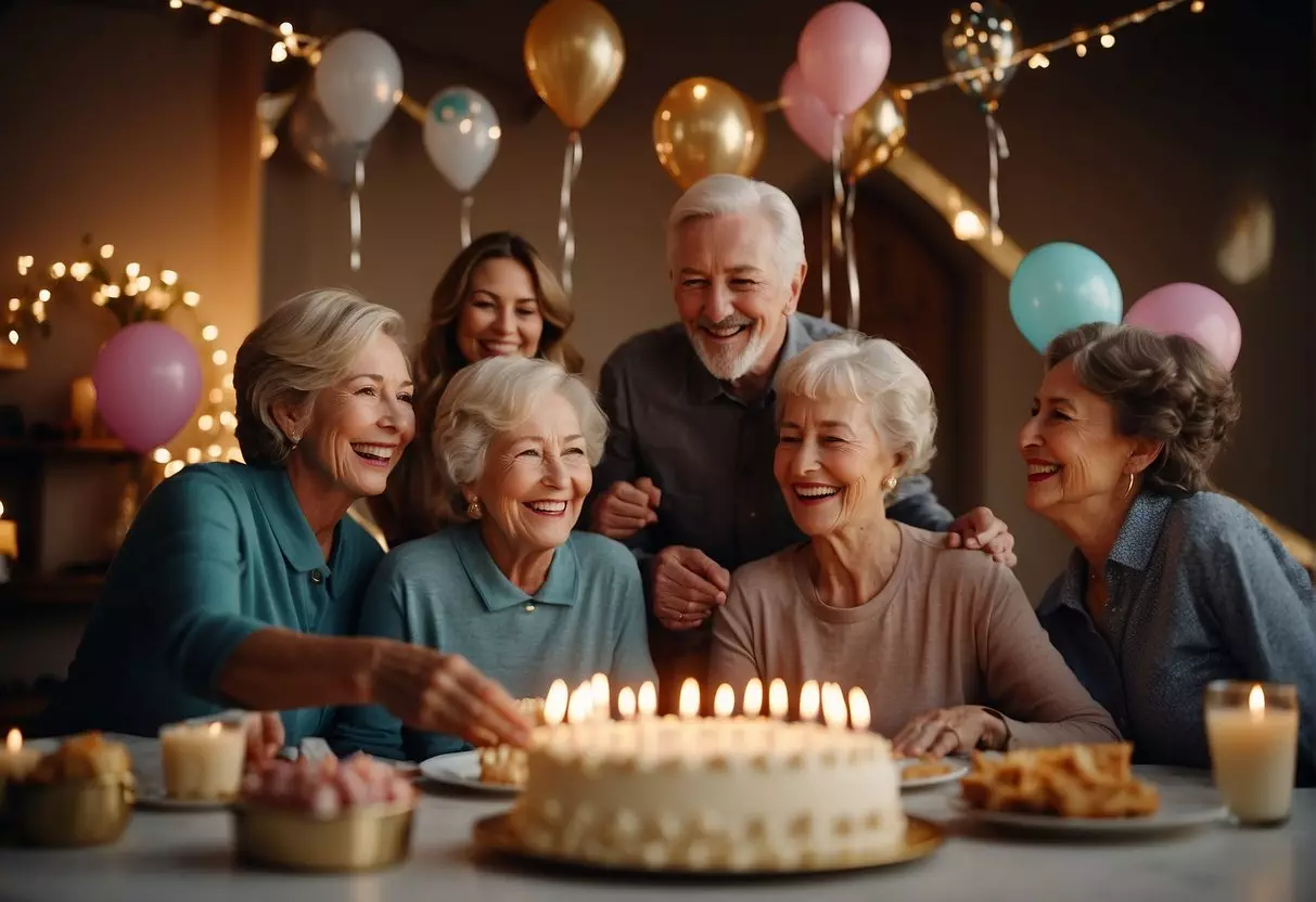 Family gathered around cake, balloons, and presents. Elderly person blowing out candles, smiling, and opening gifts. Joyful celebration