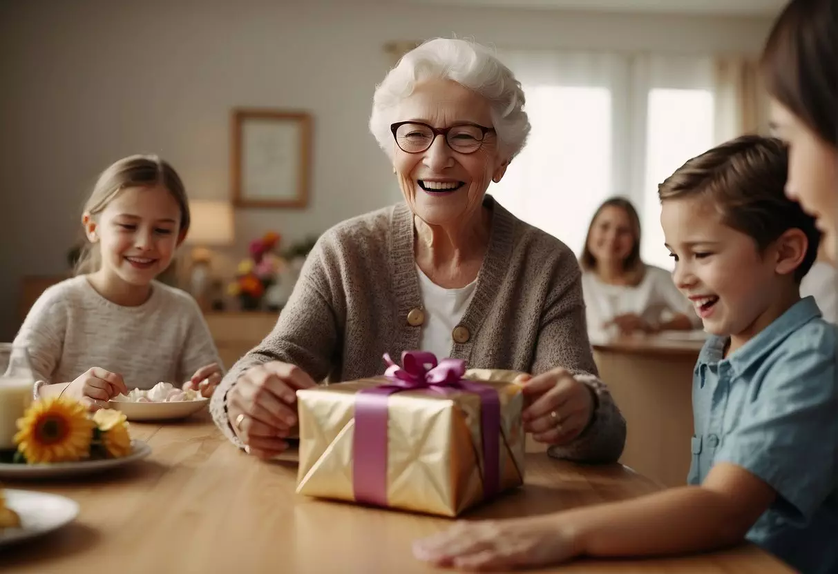 An elderly person surrounded by family, opening a beautifully wrapped gift with excitement and joy. Tables filled with birthday decorations and a cake in the center