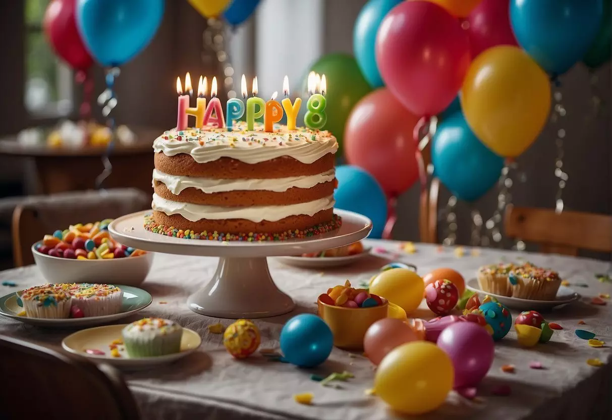 A table set with a colorful birthday cake, surrounded by smiling faces and balloons, with a banner reading 