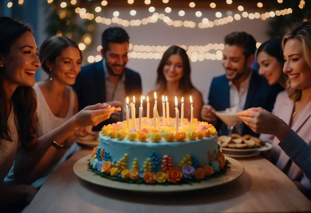 A table adorned with colorful decorations, surrounded by smiling friends and family. A cake with 85 candles is being lit, while gifts are being exchanged