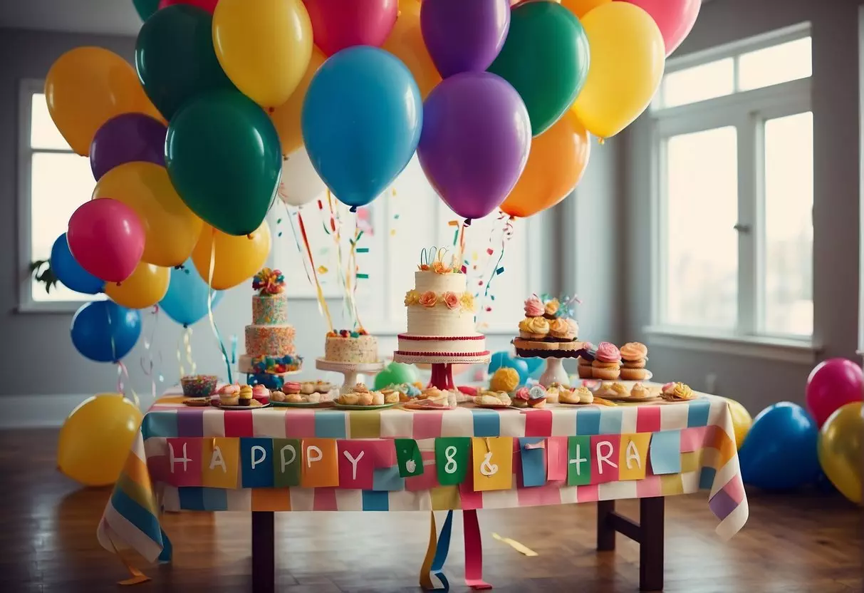 A table filled with colorful decorations, balloons, and a large cake. A banner with 