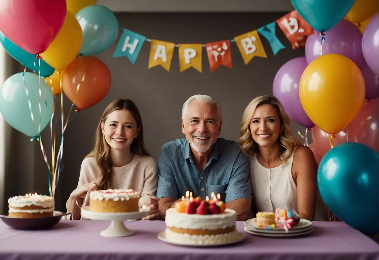 A table set with cake, balloons, and gifts. Family members gathered around, smiling and chatting. A banner reading 