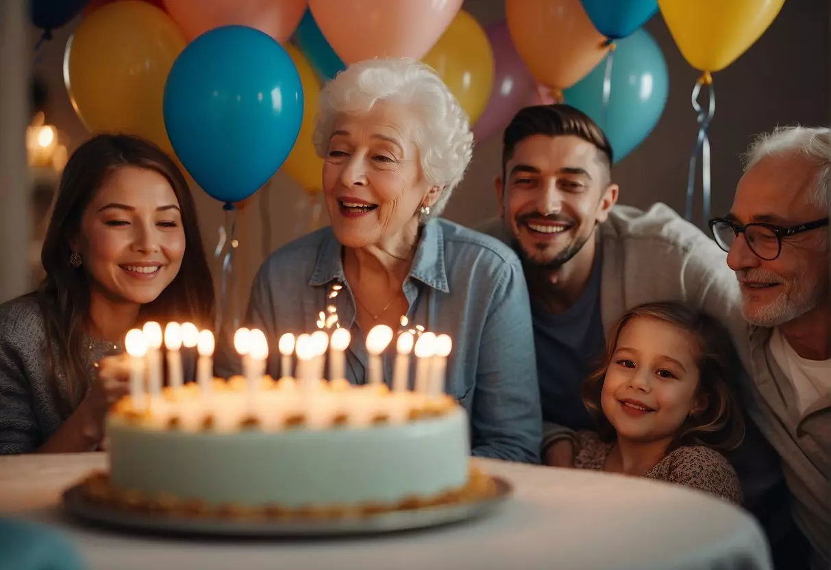 An elderly person blowing out candles on a birthday cake surrounded by family and friends. Balloons and decorations fill the room