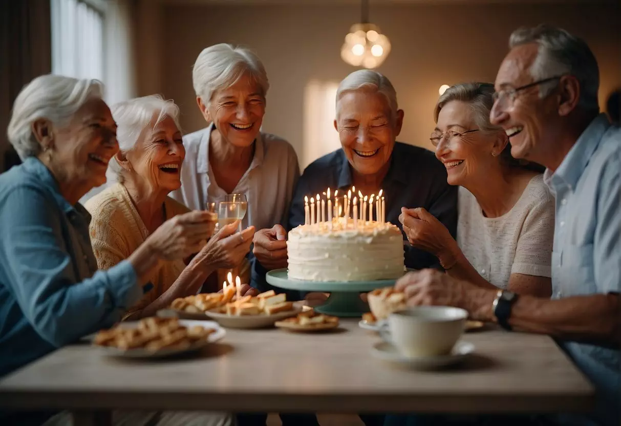 Elderly person surrounded by family, opening gifts, blowing out candles on a cake, and sharing laughter and memories