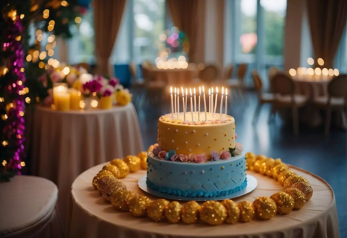 Colorful decorations adorn the room, with a large birthday cake as the centerpiece. Tables are set with party favors and guests' names. A schedule of activities is displayed on a board